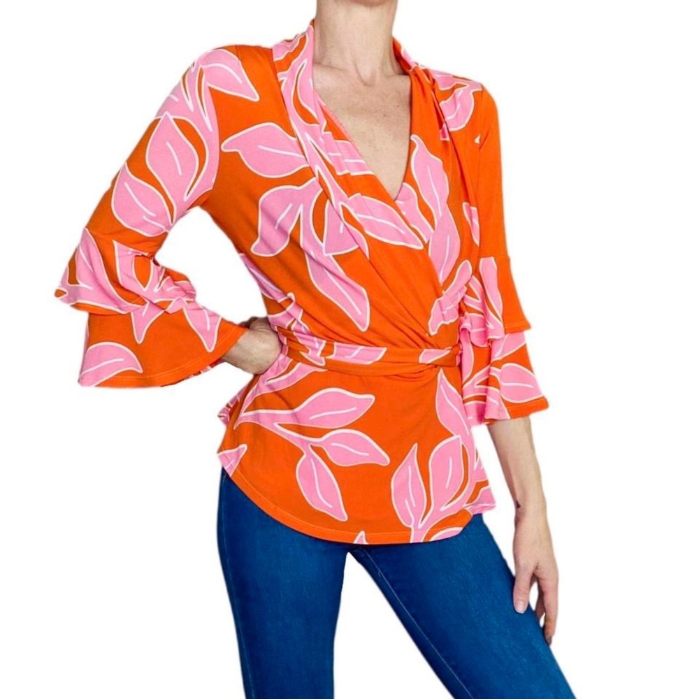 Venus Orange & Pink Floral Leaf Printed Wrap Blouse